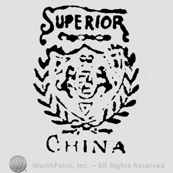 Superior written above a shield shape with 2 animals holding a shield, all in a wreath, above China written