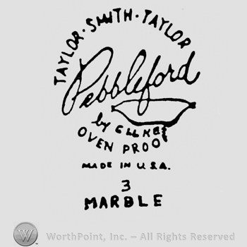 curved capital letters TAYLOR SMITH TAYLOR up handwriting PEBBLEFORD BY GILKES middle OVEN PROOF under MADE IN USA under 3 under MARBLE under