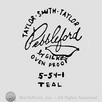 curved capital letters TAYLOR SMITH TAYLOR up handwriting PEBBLEFORD BY GILKES middle OVEN PROOF under MADE IN USA under 5-54-1 under TEAL under