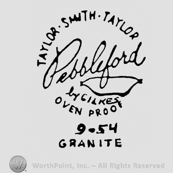curved capital letters TAYLOR SMITH TAYLOR up handwriting PEBBLEFORD BY GILKES middle OVEN PROOF under MADE IN USA under 9-54 under GRANITE under
