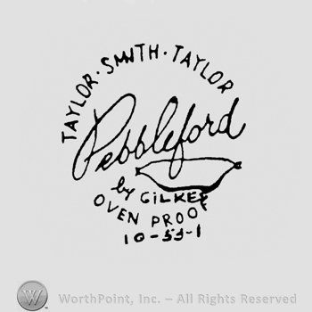 curved capital letters TAYLOR SMITH TAYLOR up handwriting PEBBLEFORD BY GILKES middle OVEN PROOF under MADE IN USA under 10-53-1 under
