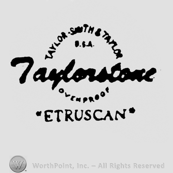 curved capital letters TAYLOR SMITH TAYLOR USA up OVENPROOF down handwriting ZAPLOSTONE middle ETRUSCAN under