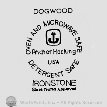 capital lettters DOGWOOD up IRONSTONE down curved writing OVEN AND MICROWAVE SAFE DETERGENT SAFE middle in a round shape with anchor inside and writing ANCHOR HOCKING USA under