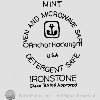 capital lettters MINT up IRONSTONE down curved writing OVEN AND MICROWAVE SAFE DETERGENT SAFE middle in a round shape with anchor inside and writing ANCHOR HOCKING USA under