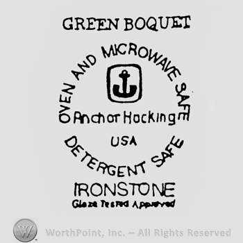 capital lettters GREEN BOQUET up IRONSTONE down curved writing OVEN AND MICROWAVE SAFE DETERGENT SAFE middle in a round shape with anchor inside and writing ANCHOR HOCKING USA under