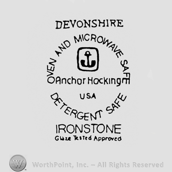 capital lettters DEVONSHIRE up IRONSTONE down curved writing OVEN AND MICROWAVE SAFE DETERGENT SAFE middle in a round shape with anchor inside and writing ANCHOR HOCKING USA under