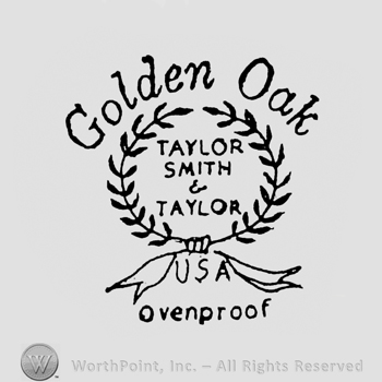 stylish writing GOLDEN OAK up capital letters TAYLOR up SMITH middle &TAYLOR down between laurels USA under OVENPROOF under