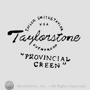 curved capital letters TAYLOR SMITH & TAYLOR USA up stylish writing TAYLORSTONE middle OVENPROOF under PROVINCIAL GREEN under