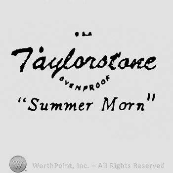 curved capital letters USA up stylish writing TAYLORSTONE middle OVENPROOF under SUMMER MORN under