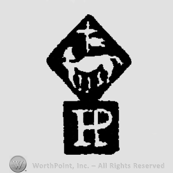 A diamond with a cross and an animal, above a square enclosing a double P.