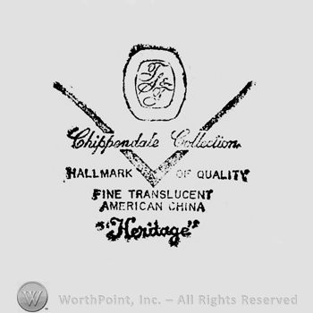 monogram of letters TST inside two ovals up stylish writing CHIPPSDALE COLLECTION over a bold V capital letters HALLMARK OF QUALITY under FINE TRANSLUCENT AMERICAN CHINA under stylish writing HERITAGE under