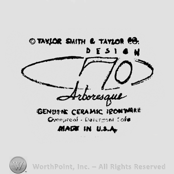 capital letters TAYLOR SMITH & TAYLOR CO up DESIGN under number 70 inside an oval under stylish writing ARABESQUE under capital letters GENUINE CERAMIC IRONWARE under OVENPROOF DETERGENT SAFE under MADA IN USA under
