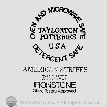 curved bold capital letters OVEN AND MICROWAVE SAFE up DETERGENT SAFE down TAYLORTON POTTERIES USA middle and AMERICAN STRIPES BROWN IRONSTONE GLAZE TESTED APPROVED under