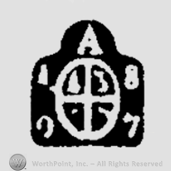 An oval shield split in four with an uppercase A above and the number 1877