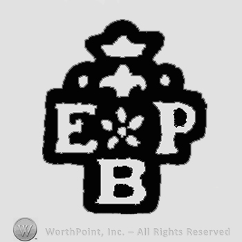 A crown above a fleur de lis, a flower and the initials E P B