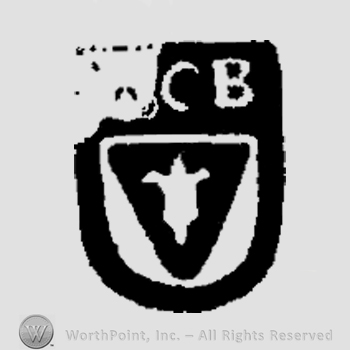 A shield with the initials C B in the upper part, and a fleur de lis inside a triangle that is inside a square