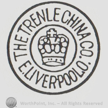 round logo with a crown and "the trenle china co e liverpool"