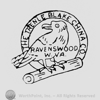 curved capital letters THE TRENLE BLACK CHINA COMPANY on a ribbon circle form with a bird on a log inside and the letters RAVENSWOOD W. VA
