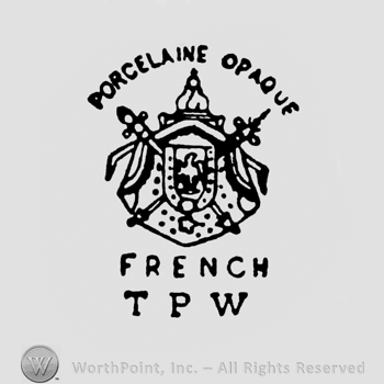 curved capital letters PORCELAINE OPAQUE up FRENCH TPW down and shield with a bird on it and two scepters in the back