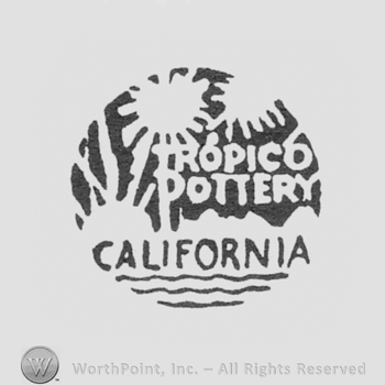 capital letters TROPICO POTTERY CALIFORNIA in white on a black circle background with palmtrees and water
