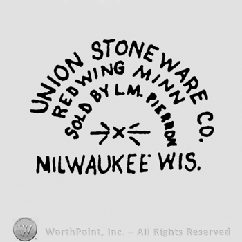curved capital letters UNION STONEWARE CO up REDWING MINN under SOLD BY LM PIERRON under two arrows pionting to an X under MILWAUKEE WIS under