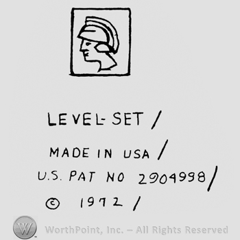 head of roman warrior inside a square over capital letters LEVEL-SET up MADE IN USA under US PAT NO 2904998 under C inside a circle 1972 under