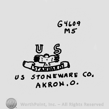 G4609 M5 up capital letters US over an eagle with a ribbon STANDARD on it in his beak US STONEWARE CO AKRON O under