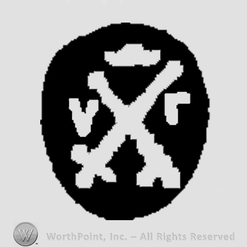 Two crossed swords with a crown on top;letters V R.