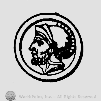 Mans head with a crest inside of two circles.