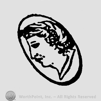 Mans head in an oval.