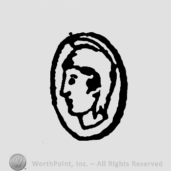 Mans head with a crest inside an oval.