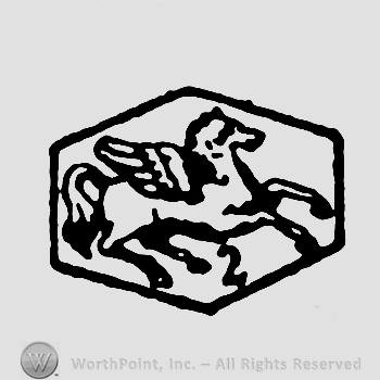 A horse with wings and number 2 inside a hexagon.