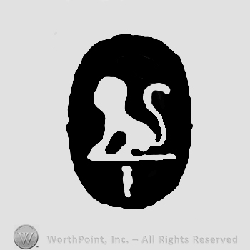 A black oval with a lion inside.