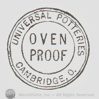round logo with "universal potteries cambridge oven proof"