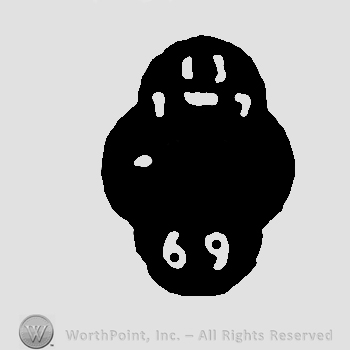 A strange shape with a few lines inside and number 69.