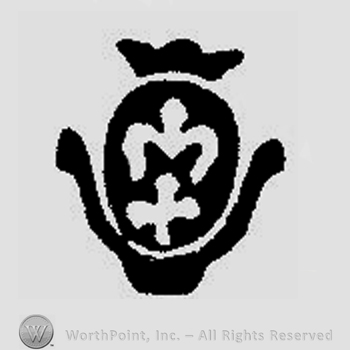 An oval with a cross and letter M inside; a crown on top.
