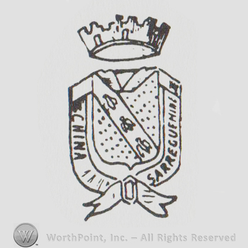 a crown above a shield with a banner with "sarreguemines china"