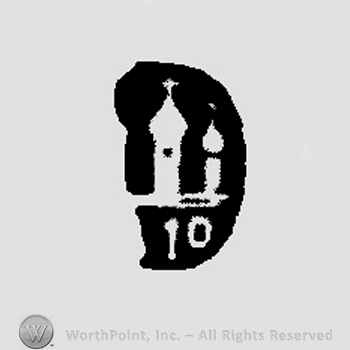 Half of an oval with two towers inside and number 10 below.