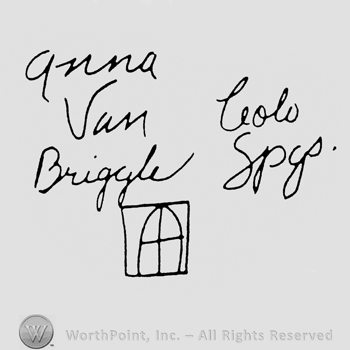 stylish letters from top to bottom ANNA VAN COLO BRIGGLE SPGS window inside square under