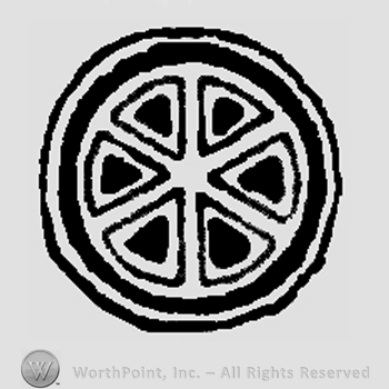 Symbol made from a circle and a wheel inside;six triangles.