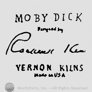capital letter MOBY DICK under POWERED BY VERNON KILNS MADE IN USA and stylish letters of a name 