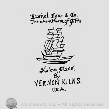 stylish letters DANIEL LOW & CO TREASURE HOUSE OF GIFTS up ship under SALEM MASS BY VERNON KILNS USA under