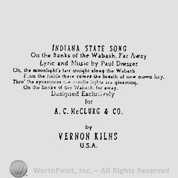 capital letters INDIANA STATE SONG small text under AC MCCLURG & CO BY VERNON KILNS USA under