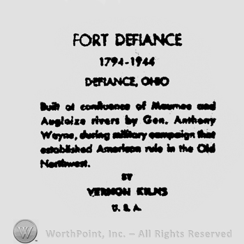 capital letters FORT DEFIANCE 1794 - 1944 DEFIANCE OHIO up text under BY VERNON KILNS under