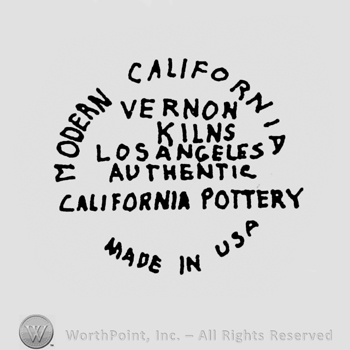 in the middle of a circle o writings are written VERNON KILNS LOS ANGELES AUTHENTIC CALIFORNIA POTTERY, above MODERN CALIFORNIA, under MADE IN USA