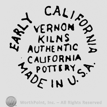 in the middle of a circle o writings are written VERNON KILNS LOS ANGELES AUTHENTIC CALIFORNIA POTTERY, above EARLY CALIFORNIA, under MADE IN U.S.A