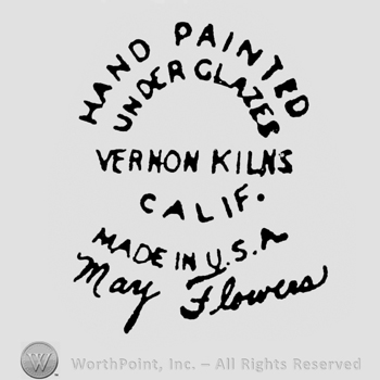 HAND PAINTED UNDER GLAZES written on a 2 curved lines, VERNON KILNS CALIF written in the middle and MADE IN USA, May Flowers hanwritten, between quotation marks under, on 2 curved lines
