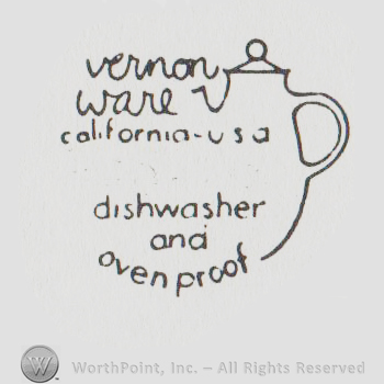 a design that includes a teapot and the text "Vernon ware california USA dishwasher and over proof"