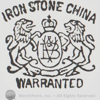 an oval with V & B inside, with a crown above and two lions on the sides with the text IRON STONE CHINA WARRANTED