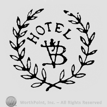 "HOTEL" above, initials V B under, all inside laurels